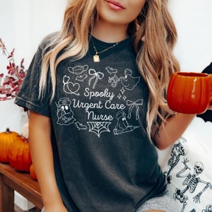 Urgent Care Nurse Halloween T-shirt, Cute Ghost Coquette Doodle Design, Spooky Nurse Costume Top, Halloween Apparel, Urgent Care Medical