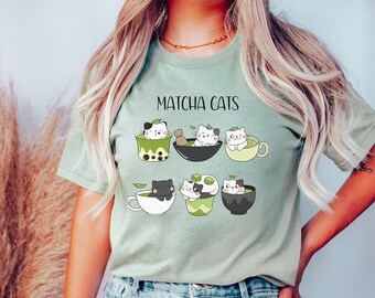 Matcha Lover Cats Shirt, Funny Cats Crewneck Matcha Tea Matcha Cats, Cat Lover Cat Mom Crewneck Cats in Teacups Boba Tea Funny Cat T Shirt