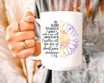 Christian Faith Mug Philippians 1:6 Encouraging Mug, Christ Jesus Mug Sunflower Colorful Mug Gift for Mom Bible Verse Mug Religious Gift