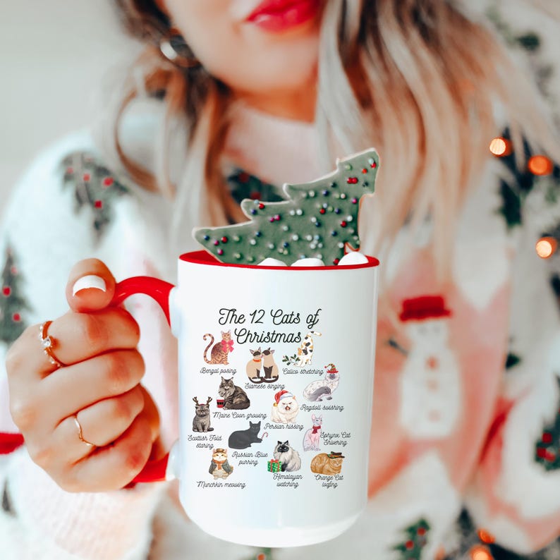 12 Cats of Christmas Mug, Cute Holiday Cat Breeds Christmas Cat Puns