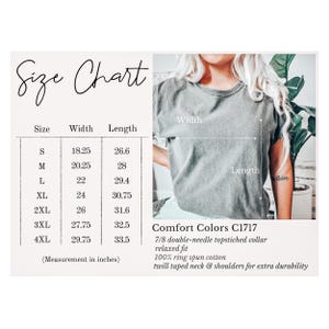 May include: A gray Comfort Colors C1717 t-shirt with a relaxed fit, featuring a double-needle topstitched collar. The size chart shows measurements in inches, with a width of 18.25 inches and a length of 26.6 inches for size S.