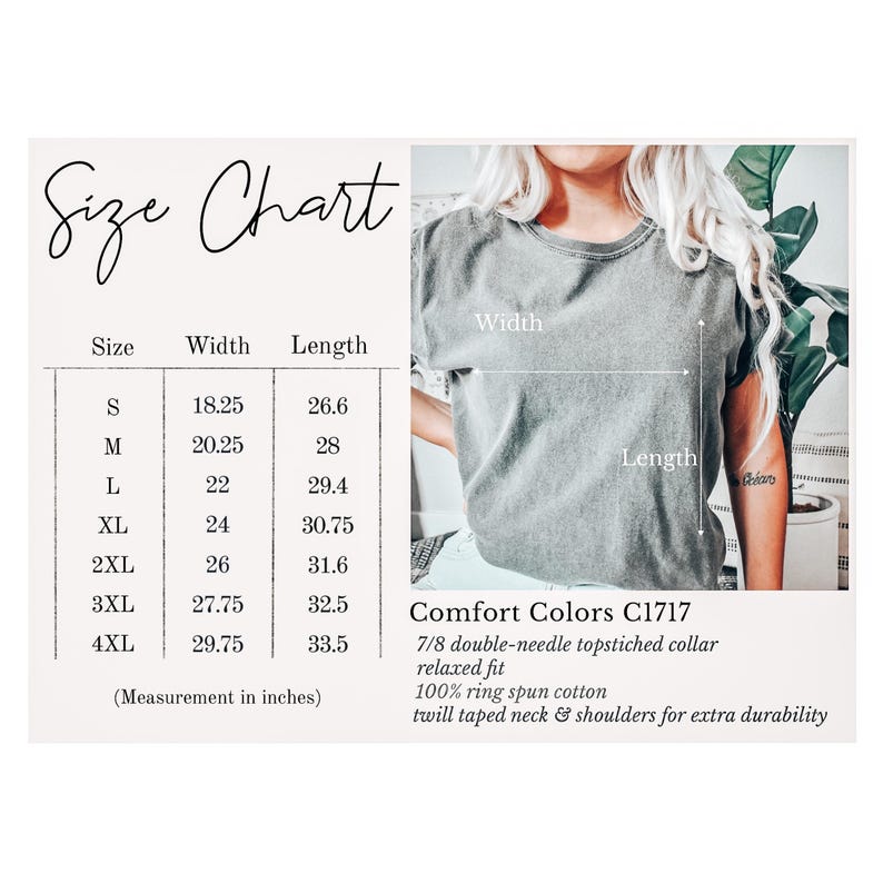 May include: A gray Comfort Colors C1717 t-shirt with a relaxed fit, featuring a double-needle topstitched collar. The size chart shows measurements in inches, with a width of 18.25 inches and a length of 26.6 inches for size S.