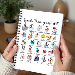 May include: A white spiral-bound notebook titled "Speech Therapy Alphabet" with black lettering. Each letter of the alphabet is accompanied by a speech therapy term and colourful illustrations. The notebook is open, revealing the alphabet.