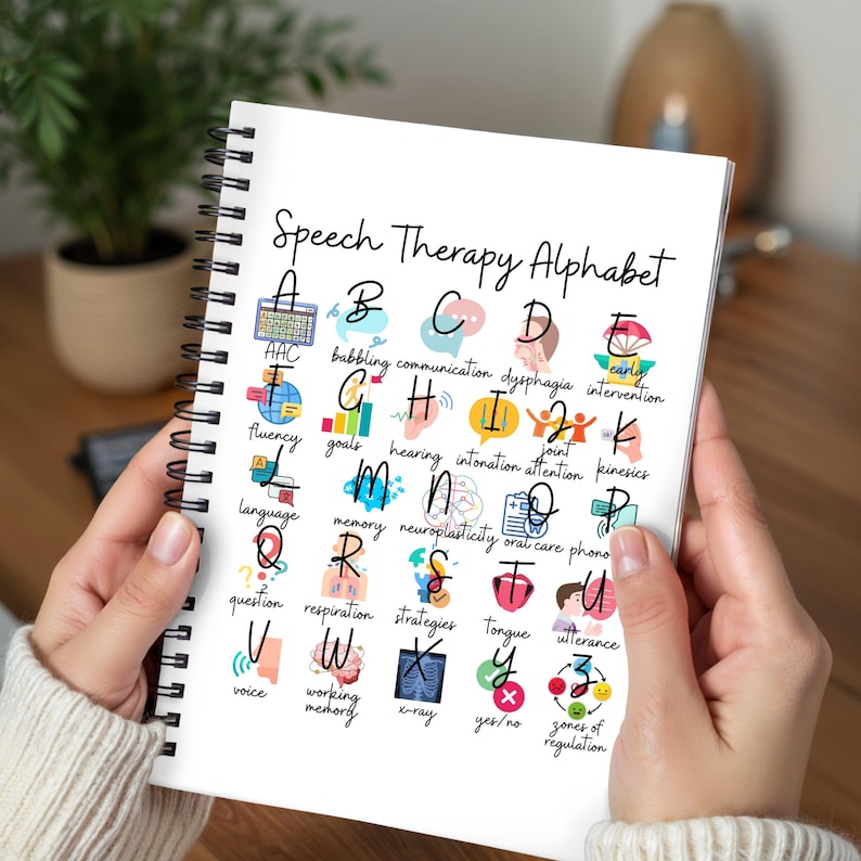 May include: A white spiral-bound notebook titled "Speech Therapy Alphabet" with black lettering. Each letter of the alphabet is accompanied by a speech therapy term and colourful illustrations. The notebook is open, revealing the alphabet.