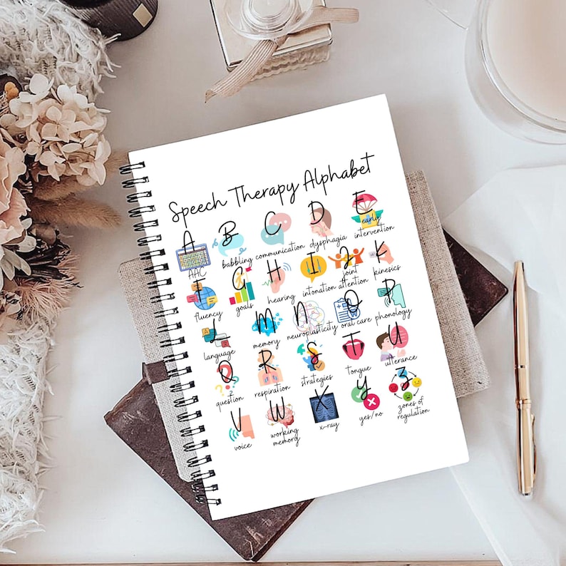 May include: A white spiral-bound notebook titled "Speech Therapy Alphabet". The cover displays an alphabet with speech therapy terms like "dysphagia" and "intonation", each paired with a small illustration. The notebook is on a desk.