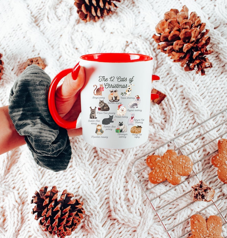 12 Cats of Christmas Mug, Cute Holiday Cat Breeds Christmas Cat Puns