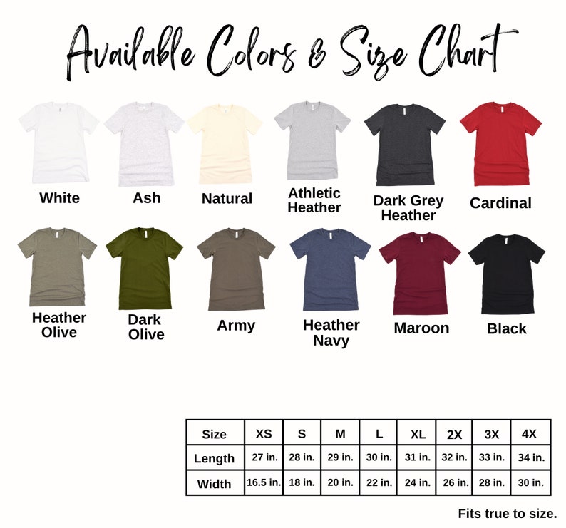 K&ouml;nnte beinhalten: Eine Gr&ouml;&szlig;entabelle f&uuml;r T-Shirts in verschiedenen Farben, darunter Wei&szlig;, Asche, Natur, Athletik-Heather, Dunkelgrau-Heather, Kardinal, Heather Olive, Dunkel Olive, Army, Heather Navy, Maroon und Schwarz. Die Tabelle zeigt die L&auml;nge und Breite jeder Gr&ouml;&szlig;e von XS bis 4X in Zoll an.