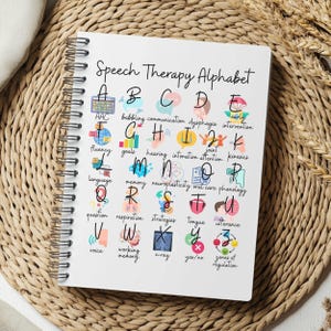 May include: A white spiral-bound notebook titled "Speech Therapy Alphabet." Each letter of the alphabet is paired with a word and illustration related to speech therapy. The notebook has a gold spiral binding.