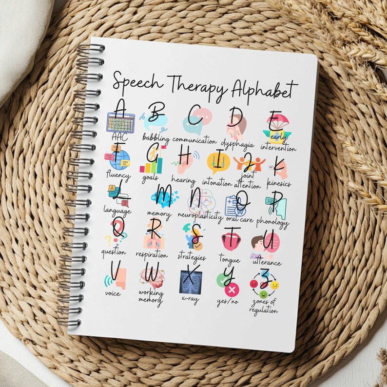 May include: A white spiral-bound notebook titled "Speech Therapy Alphabet." Each letter of the alphabet is paired with a word and illustration related to speech therapy. The notebook has a gold spiral binding.