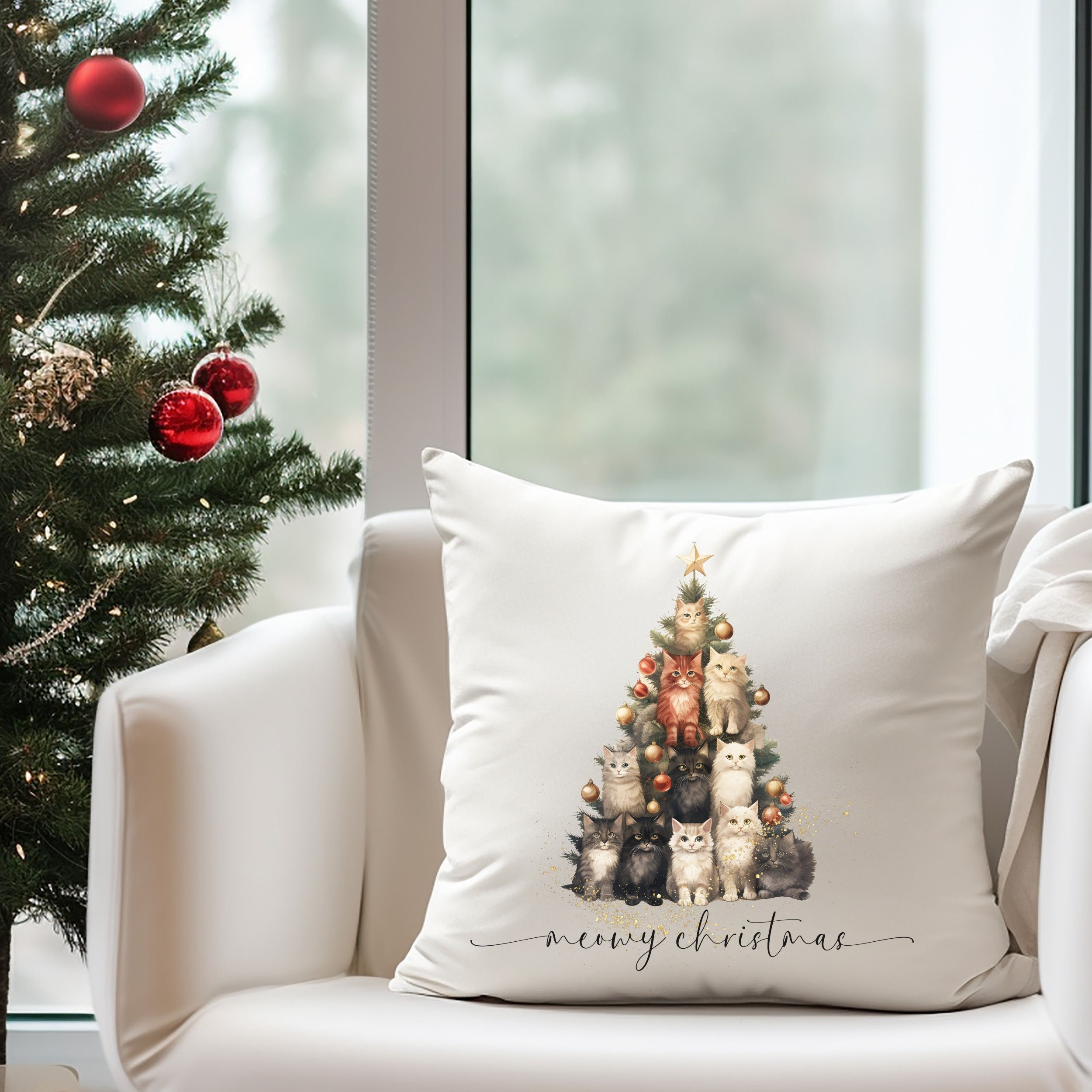 39 Christmas Room Ideas for Every Space in Your Home: Transform Your House into a Winter Wonderland 7 Cute Festive Cats Meowy Christmas Throw Pillow, Farmhouse, Cat Lover…