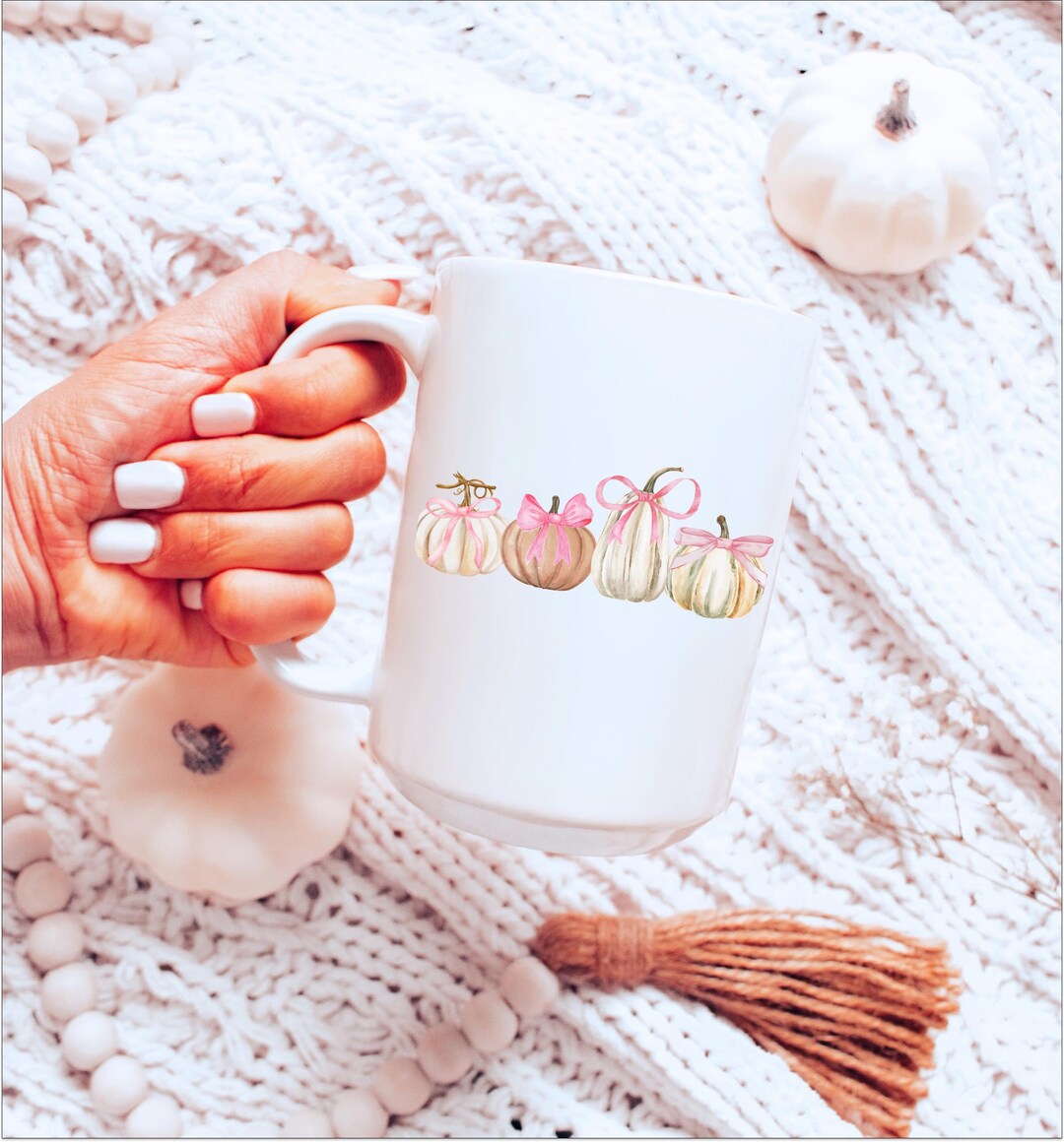 Fall Coquette Pumpkins Mug, Pink Bow Pumpkins Cozy Fall Mug Cute Girly ...