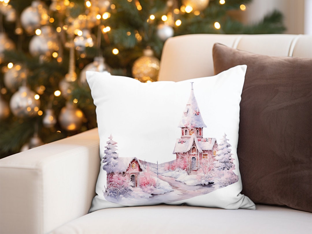 Pink Christmas Decor Winter Wonderland Pillow, Winter Decor Throw