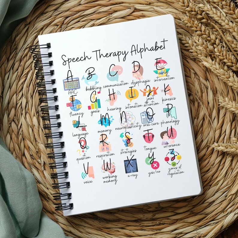 May include: A white spiral-bound notebook titled "Speech Therapy Alphabet" displays a colourful alphabet with illustrations. Terms such as "dysphagia", "intonation", and "phonology" are included. The notebook is open on a woven surface.