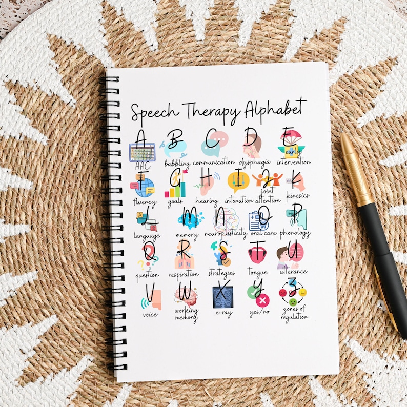 May include: A white spiral-bound notebook titled "Speech Therapy Alphabet" displays a colourful alphabet with speech therapy terms. Each letter has a corresponding illustration. A gold and black pen lies on the right. The notebook is on a woven mat.