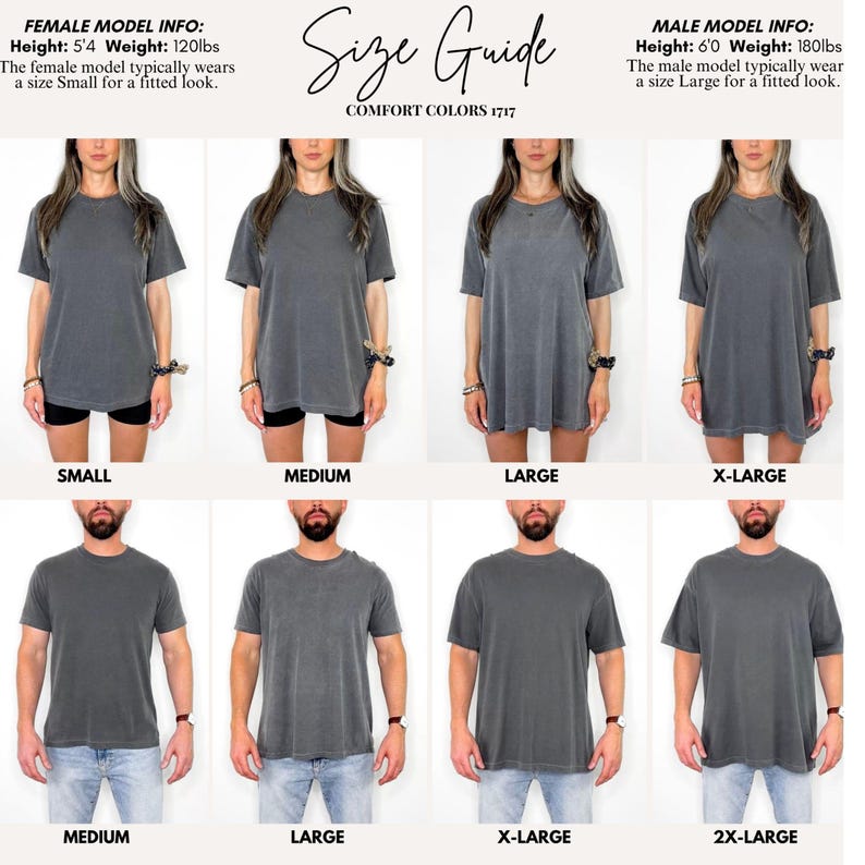 K&ouml;nnte beinhalten: Eine Gr&ouml;&szlig;entabelle f&uuml;r Comfort Colors 1717 T-Shirts mit acht Personen, die verschiedene Gr&ouml;&szlig;en von Small bis 2X-Large tragen. Die Tabelle enth&auml;lt Angaben zu Gr&ouml;&szlig;e und Gewicht der Modelle und zeigt die Passform des grauen T-Shirts an verschiedenen K&ouml;rpern.