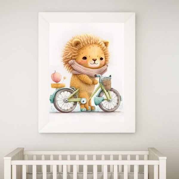 Watercolor Adorable Cute Baby Lion Riding Bike, Nursery Art, Nursery Wall Art, Nursery Baby Animal Print, Lion Digital Art, Nursery Decor