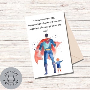 Descarga instantánea de la tarjeta del papá del padre, tarjeta del día del padre feliz del superhéroe, súper papá, tarjeta de regalo imprimible, tarjeta de felicitación del superhéroe del día del padre
