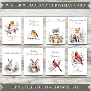 Cartes de Noël d’animaux des bois d’hiver de vacances, cartes imprimables, animaux aquarelles de vacances, renard, lièvre, cardinal, rouge-gorge, carte de téléchargement instantané
