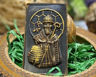 St. Ambrose Ornament, Patron Saint of Beekeepers, Candle makers, Blackened Beeswax, dusted w Cinnamon