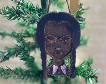 Wednesday Addams Ornament, Blackened Beeswax dusted w Cinnamon