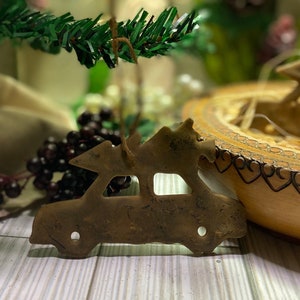 Primitive Christmas Car with Tree Ornament - Set of 3, Wood, Dipped in Beeswax, dusted w/ Cinnamon, Bowl Filler