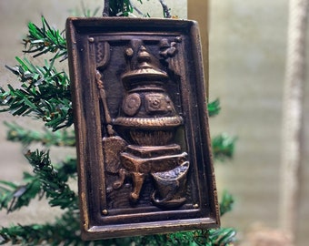Old Fashioned Wood Stove Plaque, Primitive Ornament, Blackened Beeswax dusted w Cinnamon, Wall Decor