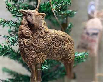 Primitive Sheep Ornament, Blackened Beeswax Ornament , Dusted with Cinnamon