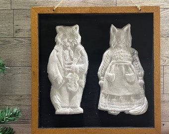 White Cat Couple - Violinist & Chef - Cast Paper Art, Molded Paper - Primitive Inspired Wall Decor
