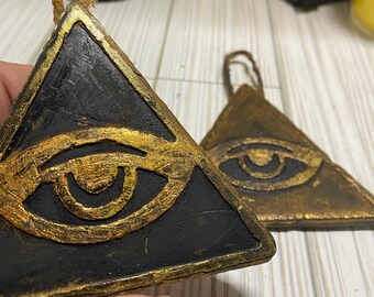 Eye of Providence, Illuminati Triangle, Blackened Beeswax Ornament w Cinnamon Scent | Primitive Decor