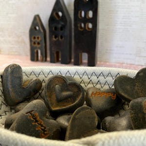 Funky Hearts Bowl Fillers - Set of 12, Blackened Beeswax, dusted w/ Cinnamon | Bowl Filler | Primitive Decor