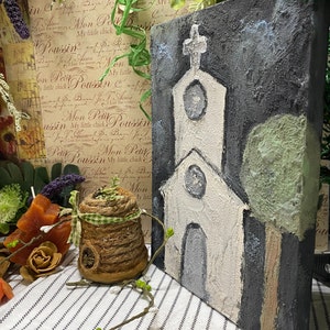 Primitive Church w Tree, Painting, - Americana, Primitive Decor, Farmhouse, Country Church, Folk Art