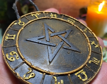 Pentacle Medallion w Constellation Symbols, Blackened Beeswax w Cinnamon Scent | Primitive Decor | Ornament | Mystical