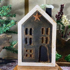 Primitive Salt Box House, Window, Shelf Sitter,  Wood and Blackened Beeswax dusted with Cinnamon, Prim, Farmhouse, Bowl Fillers