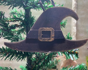 Witch Hat Hanging Ornament, Blackened Beeswax dusted w Cinnamon