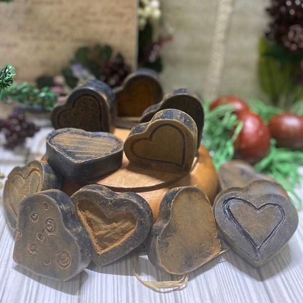 Heart Bowl Fillers - Set of 3, Blackened Beeswax, dusted w/ Cinnamon | Bowl Filler | Primitive Decor, Valentine