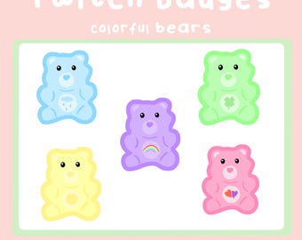 May include: Set of six colorful bear Twitch badges in various sizes. The bears are light blue, green, purple, yellow, pink, and white. The badges are perfect for streamers who want to add a touch of whimsy to their channel.