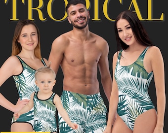 Family & Couples Matching Blue Swim Trunks, Men’s Pink Flamingo Pattern - Summer Beachwear