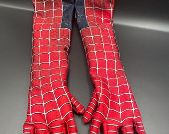 Spider-Inspired Cosplay Gloves: Red Lycra Spandex, Silk Screen Web