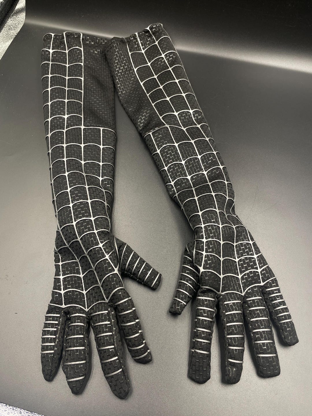 Spiderman Cosplay Gloves: Black Lycra Spandex, Silk Screen Web