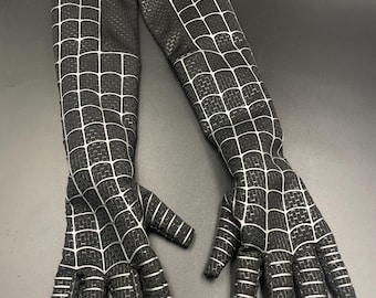 SpiderMan Cosplay Gloves: Black Lycra Spandex, Silk Screen Web Design