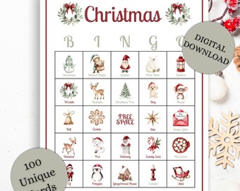 May include: A Christmas Bingo game card with a red border and festive illustrations. The word "Christmas" is at the top, and the card includes images of a snowman, reindeer, and other holiday-themed items. The text "100 Unique Cards" is in a gray circle.
