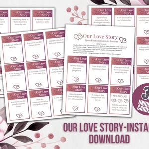 May include: A collection of 33 unique cards titled "Our Love Story" with prompts for couples. The cards have a gradient pink and white design with heart graphics. The text "Our Love Story - Instant Download" is at the bottom.
