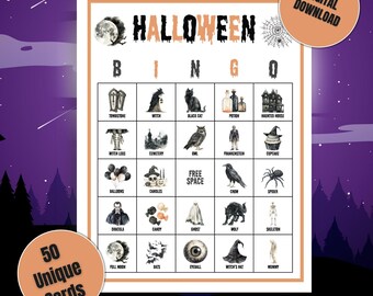 50 Halloween-bingokaarten, Halloween-spellen, Halloween-feestspel voor kinderen, Halloween-klasactiviteit, spookachtige Halloween-activiteit