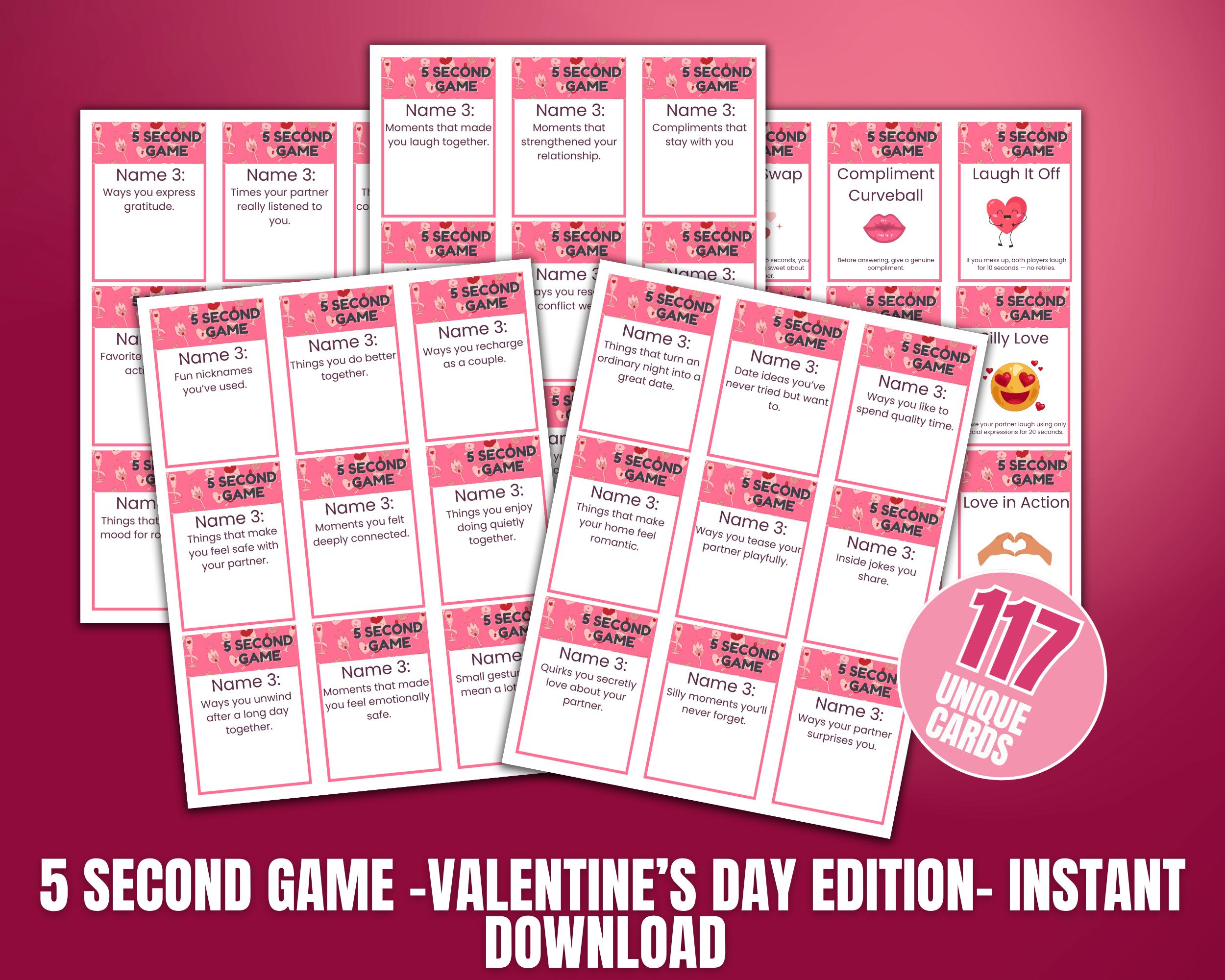 Couples 5 Second Game Printable Romantic Date Night Game Valentine's Day Party Game Fun Relationship Card Game