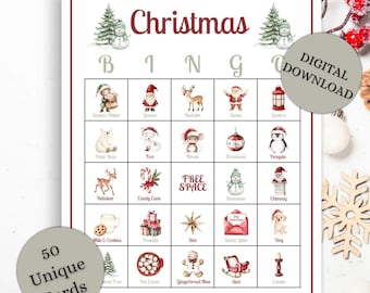 May include: A Christmas Bingo game card with a red border, featuring festive illustrations like Santa, reindeer, and ornaments. The card includes the text "Christmas Bingo" and "Digital Download". A circular graphic states "50 Unique Cards".