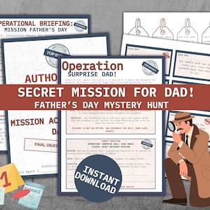 May include: A Father's Day mystery hunt kit with a detective theme. The kit includes mission briefings, case files, and evidence cards. A cartoon detective with a magnifying glass is also featured.