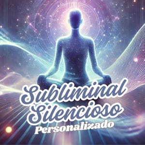 Puede incluir: Una ilustración digital de una persona meditando en posición de loto con un fondo azul y morado. El texto "Subliminal Silencioso Personalizado" está escrito en una fuente azul y blanca.