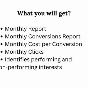 May include: A list of benefits you get when you use a service. The benefits include monthly reports, conversion reports, cost per conversion, clicks, and identification of performing and non-performing interests.
