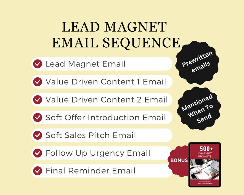 May include: A checklist of seven steps for creating a lead magnet email sequence. The steps are: Lead Magnet Email, Value Driven Content 1 Email, Value Driven Content 2 Email, Soft Offer Introduction Email, Soft Sales Pitch Email, Follow Up Urgency Email, and Final Reminder Email. The checklist is on a yellow background with red checkmarks and red circles. The circles contain the text "Prewritten emails", "Mentioned When To Send", and "BONUS". The BONUS circle contains an image of a book titled "500+ Chat GPT Prompts".