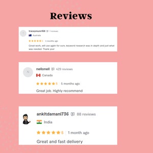 May include: Image showing customer reviews against a pink backdrop. The word "Reviews" is at the top. Three reviews are displayed, each with a five-star rating. The reviews include text and the reviewer's country.